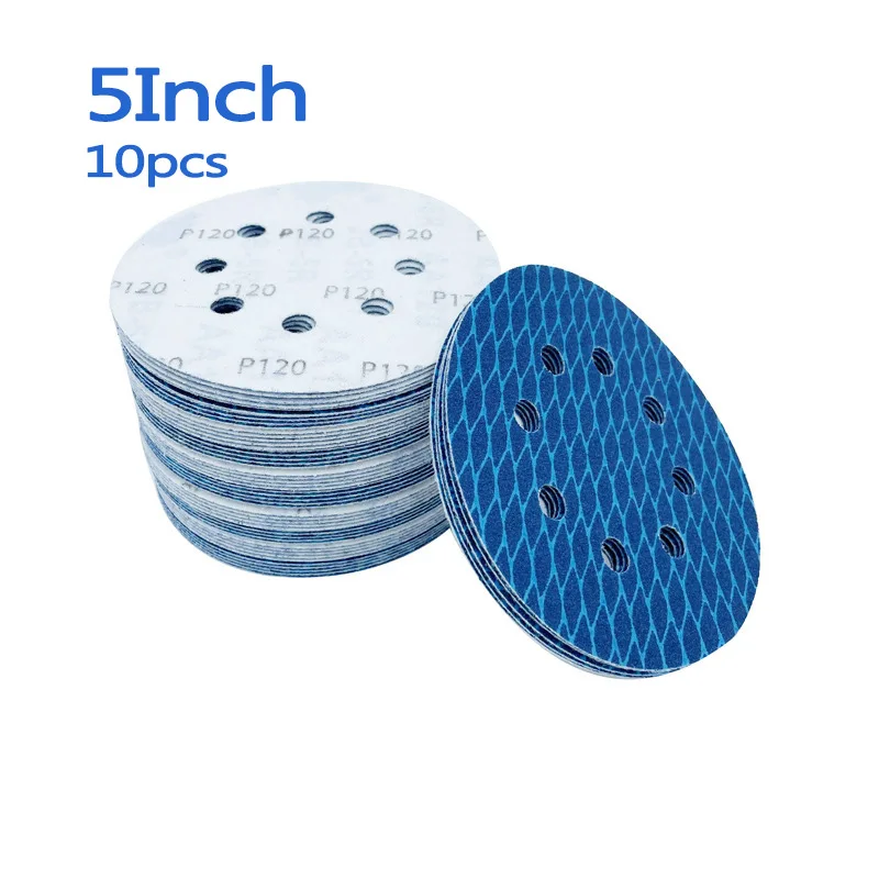 10pcs Blue Sanding Disc 5inch 125mm  Diamond Shape Orbital Sander Sandpaper 8 Hole Hook and Loop Pads Abrasive Tools Grit 60-320