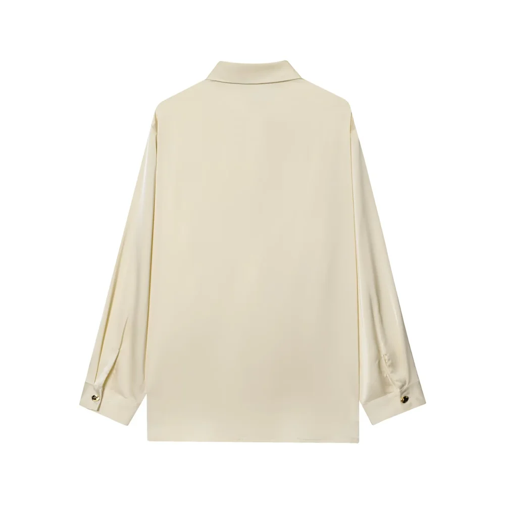 Autumn and winter new women's clothing style elegant long sleeved lapel silk texture double breasted solid color shirt