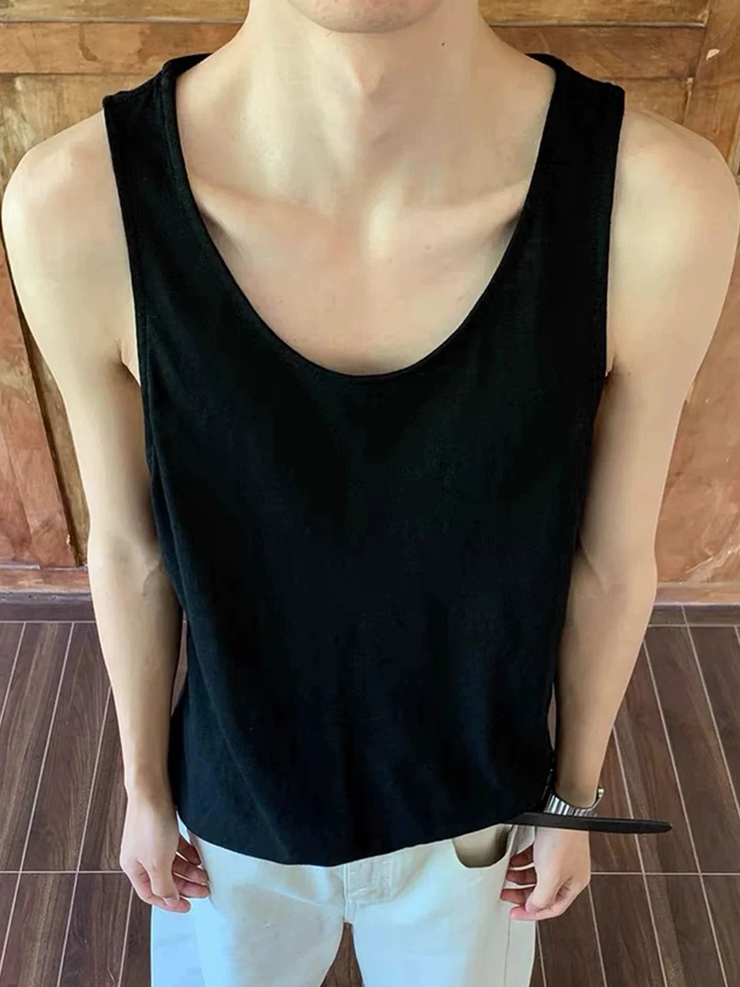 Laid-back Cotton Breathable Vest Men Loose Lightweight Sleeveless T-shirt U-shaped Large Collar Old Man Sweatshirt