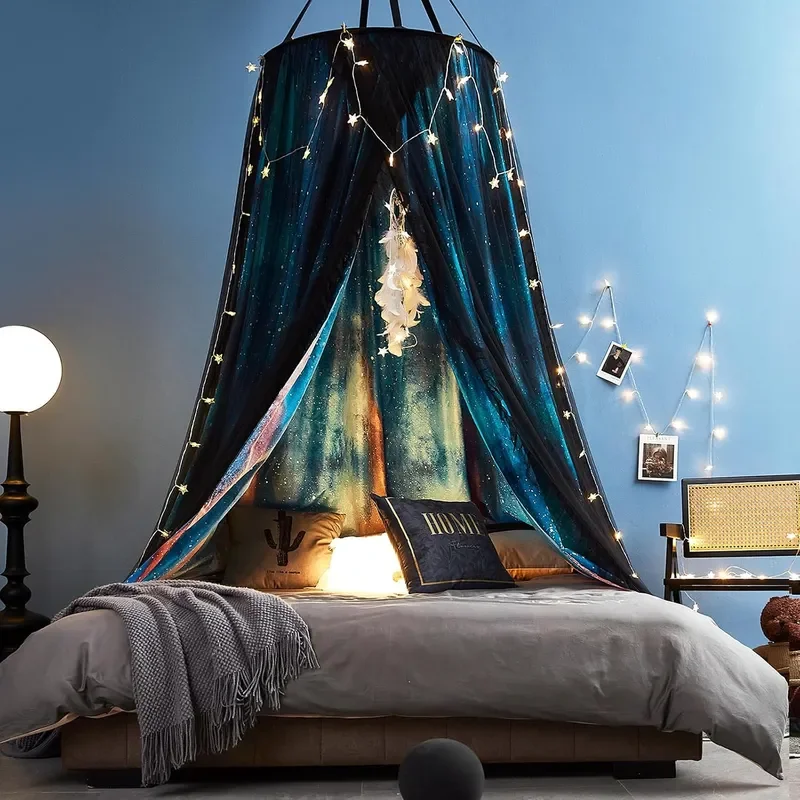 Gorgeous Aurora Printed Bed Canopy for Girls Adults Room Decorative Cozy Bed Curtain Canopy Drapes Round Dome Luxurious Lace