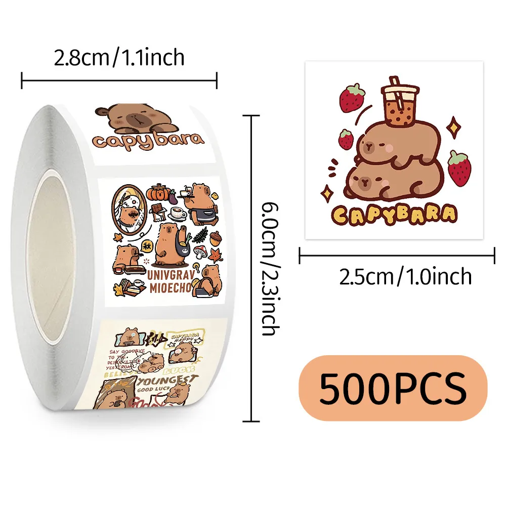 Capybara Roll Stickers 500pcs Per Roll Cute Animal Self‑Adhesive Decals for Package Sealing & Handmade Gift Decor