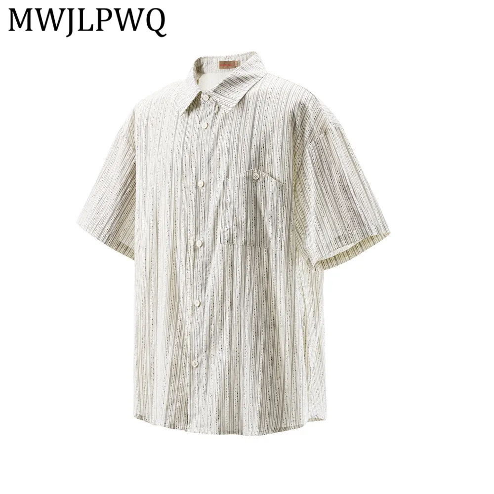 

MWJLPWQ Мужская повседневная рубашка с короткими рукавами и вертикальными полосками, новая летняя модная универсальная модель с карманами, уникальный свободный крой, топы 14804