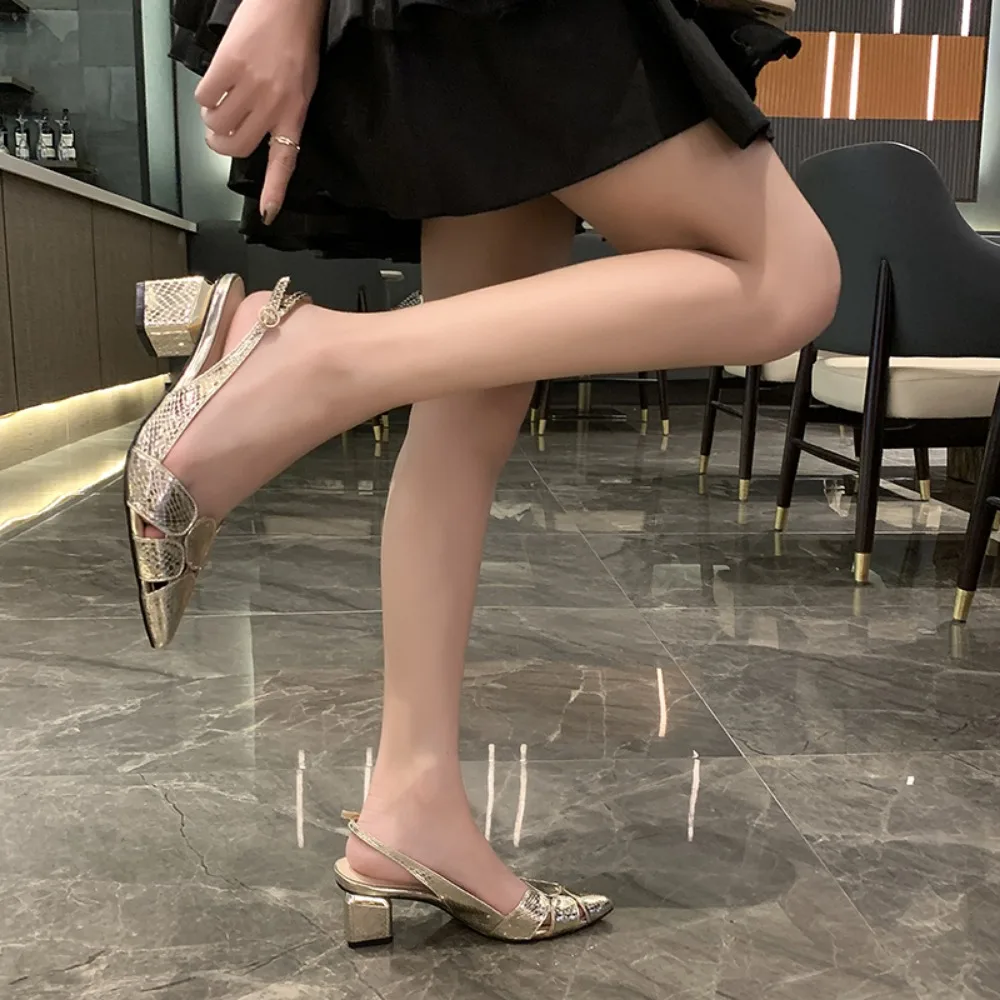 Summer New Fashion High Heel Shoes Women Leather Pointed Toed Gold Lady Thick Heeled Sandals Female Wedding Bridal Shoes