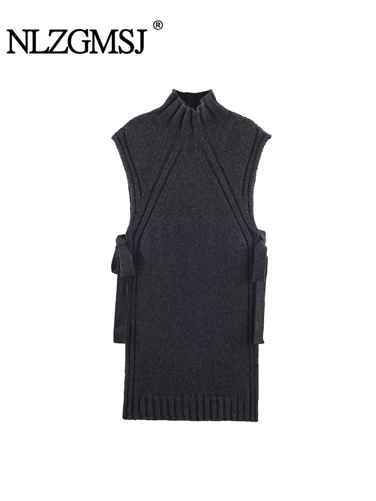 

NLZGMSJ Women 2025 Autumn Fashion Tie Up Slit Sweater Slim Knitted Vest Top Retro Sleeveless Women's Vest Chic Top