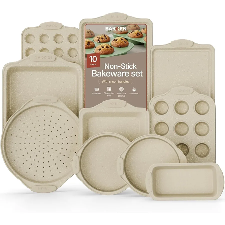 

BAKKEN Kitchen Oven Baking Pans Nonstick Gray Coating Carbon Steel Bakeware Set with White Silicone Handles Commercial Restaura