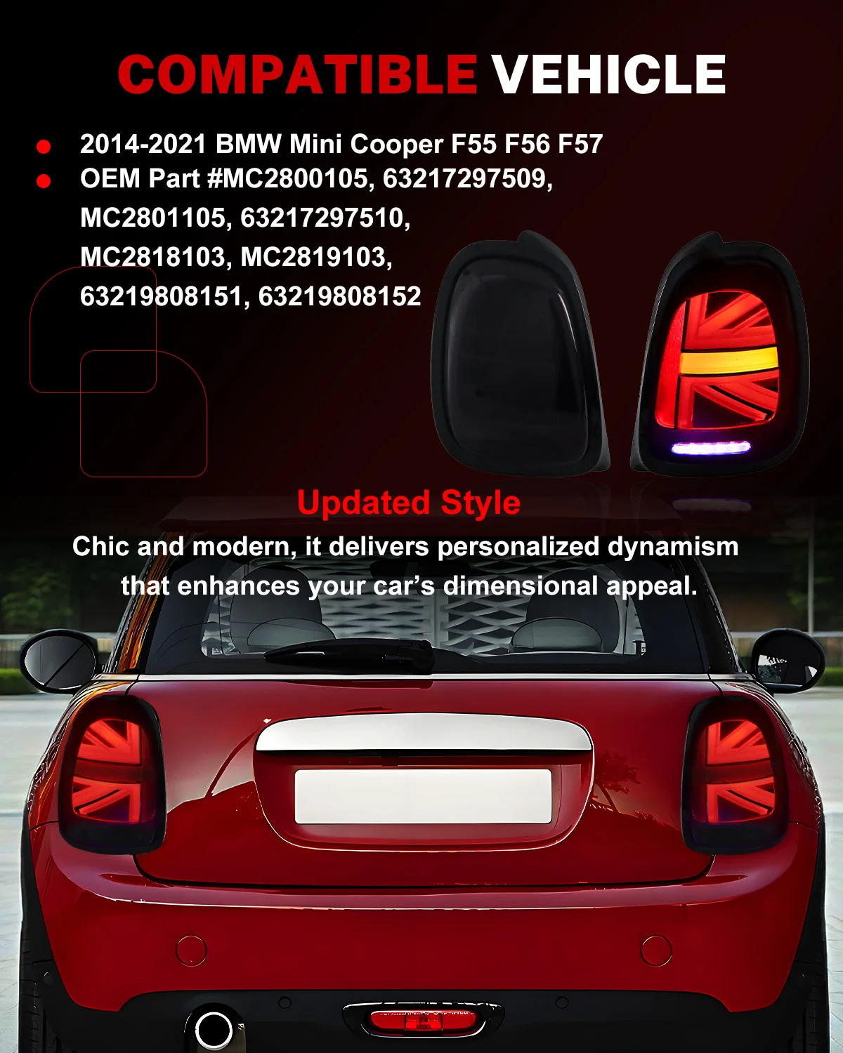2X For 2014 2015 2016 2017 2018 2019 2020 2021 Mini Cooper F55 F56 F57 Rear Union Jack Tail Brake Light Backup Reverse Light LED