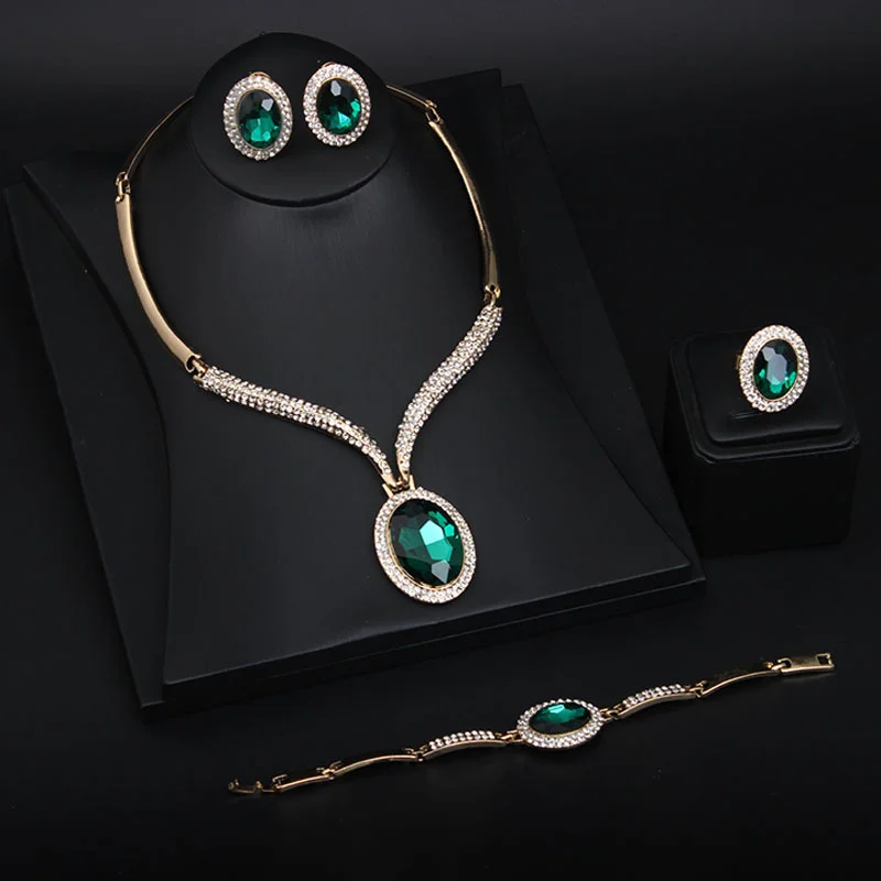 

Diamond-studded crystal large gemstone necklace, earrings, ring and bracelet set for women's accessories