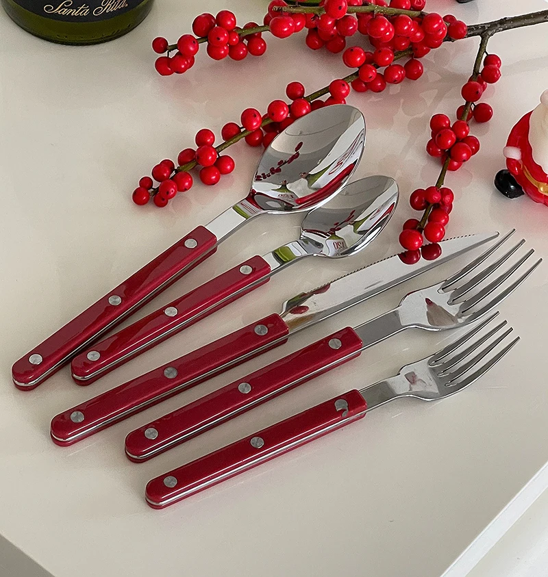Korean INS Style Tableware Set Stainless Steel Knife, Fork, Spoon Western Tableware Set Simple Retro Color Dinner Cutlery Set