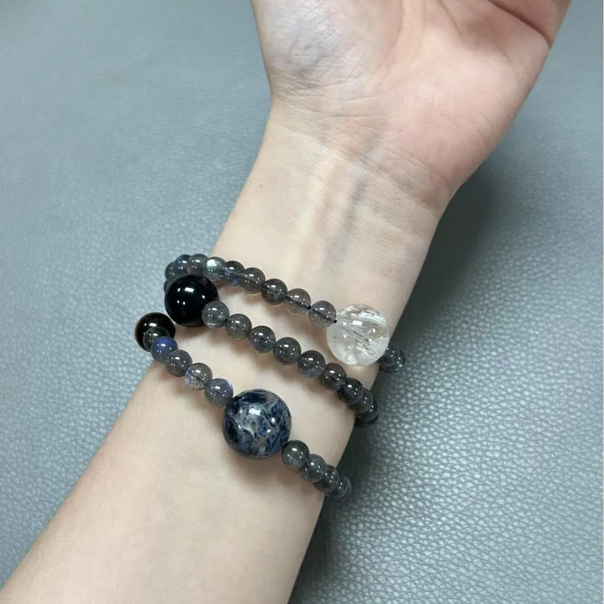 Gelang Batu Bulan Hitam Alami, Gelang Aquamarine, Multi-Permata, Modis dan Serbaguna untuk Wanita, Aksesoris