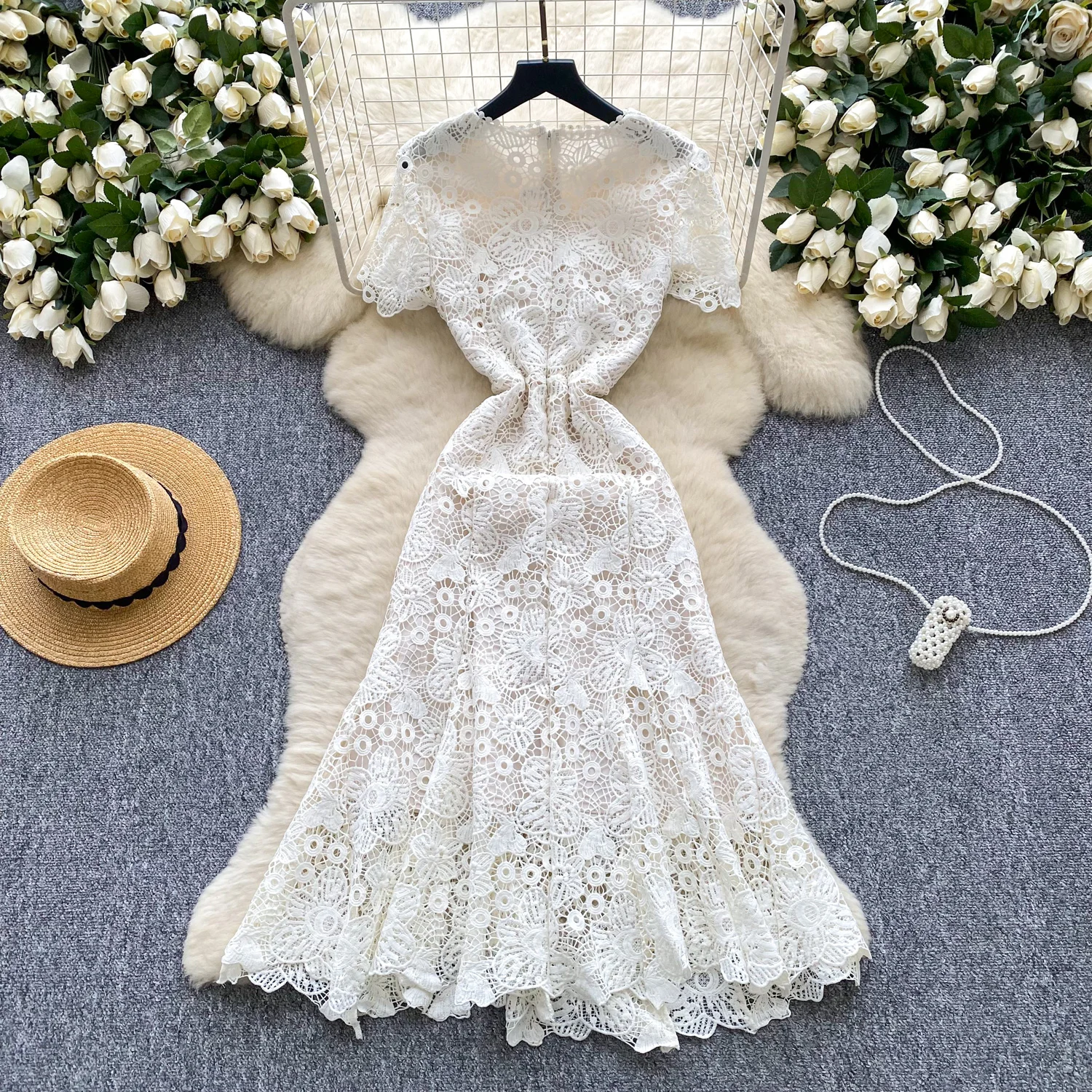 Abito a sirena a maniche corte in pizzo cavo vintage sexy sottile con gancio sottile Abiti estivi chic Abiti da donna per le vacanze