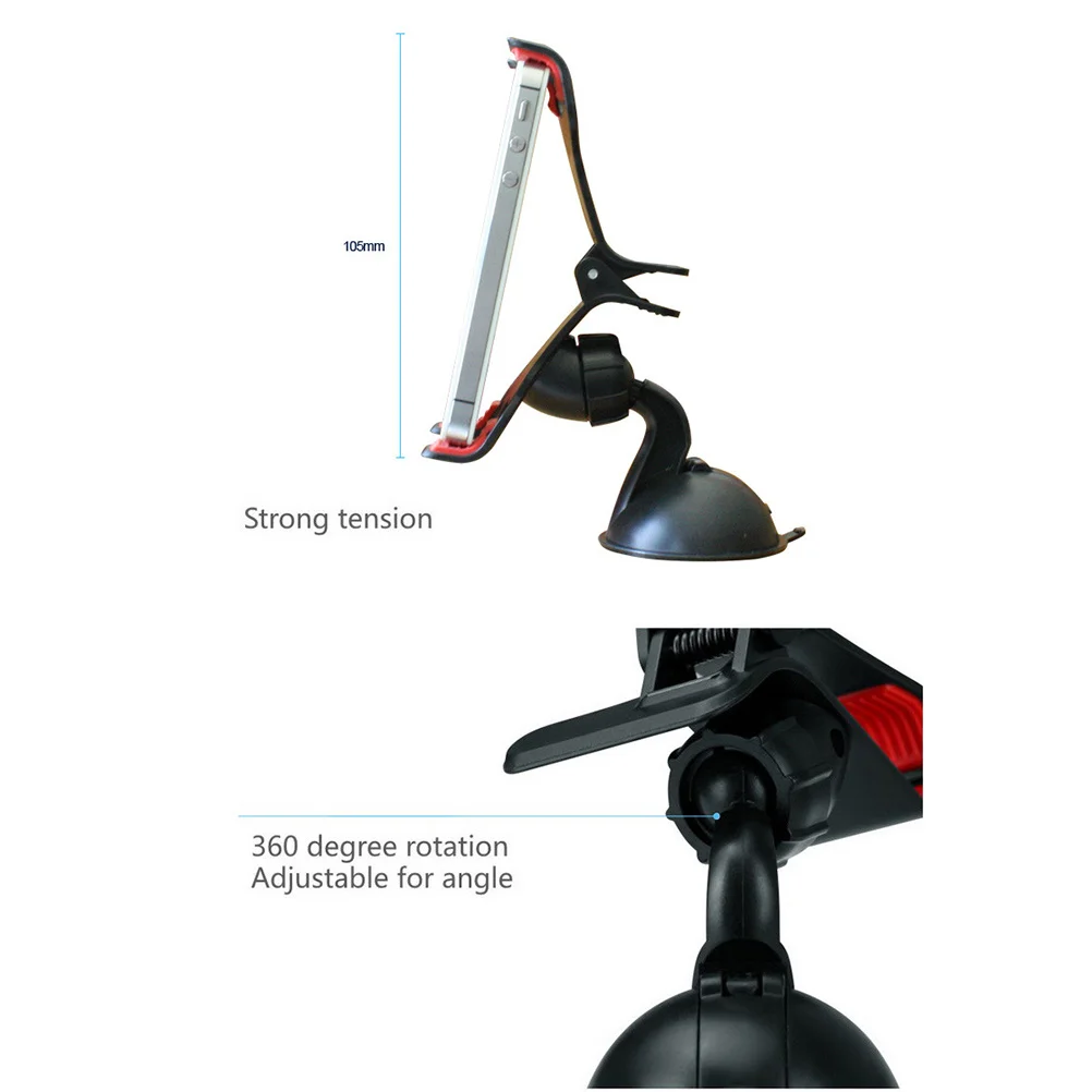 

360 Degree Rotation Car Phone Mount Universal Holder for Windshield with Strong Suction Cup Extended Clip 145 Degree Adjustable