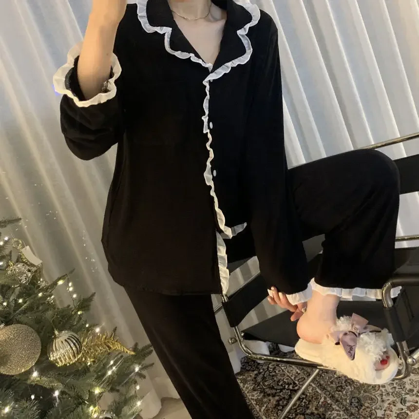 Ruffle Women Pajamas Long Sleeve Sleepwear Pants Solid Color Pijama Button Loungewear 2 Piece Sets Home Clothes Suit Night Wears