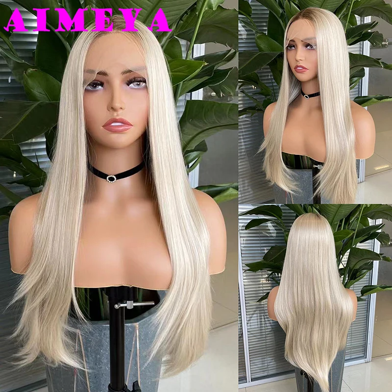 AIMEYA Long Silky Straight Synthetic Lace Front Wig for Women Dark Roots Ombre Blonde Natural Hairline Wig Daily Use Cosplay