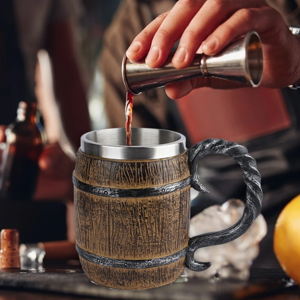 Wooden Barrel Mug Resin Stainless Steel Barrel Coffee Cup Water Bottle Viking Style Double Wall Beer Jug for Bar Drinkware Decor