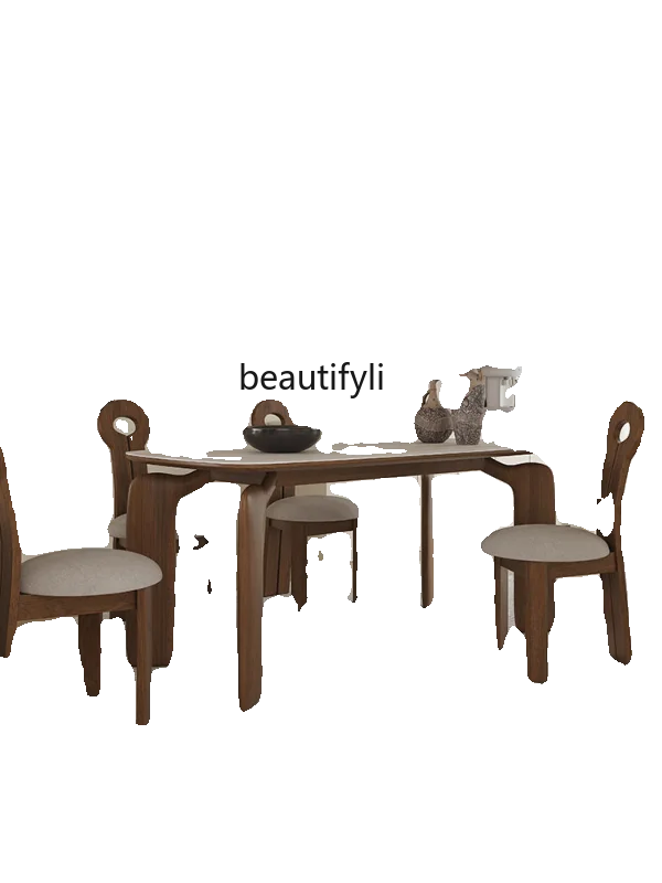 

French Vintage Style Cave Stone Stone Plate Dining Table Household Elephant Solid Wood Dining Tables and Chairs Set