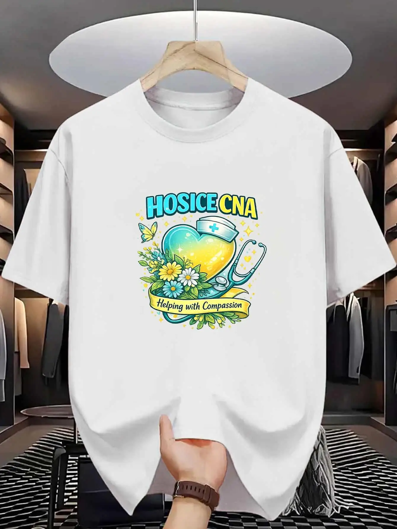 Men'S T-Shirt for Hospice Care Featuring a Floral Stethoscope Design, Made from High-Quality Pure, Perfect for Casual Wear