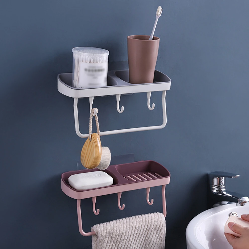 

Wall Mounted Soap Box Drain Rack Hooks Towel Bath Ball Steel Wool Punch Free Hollow Striped Water Storage Bottom