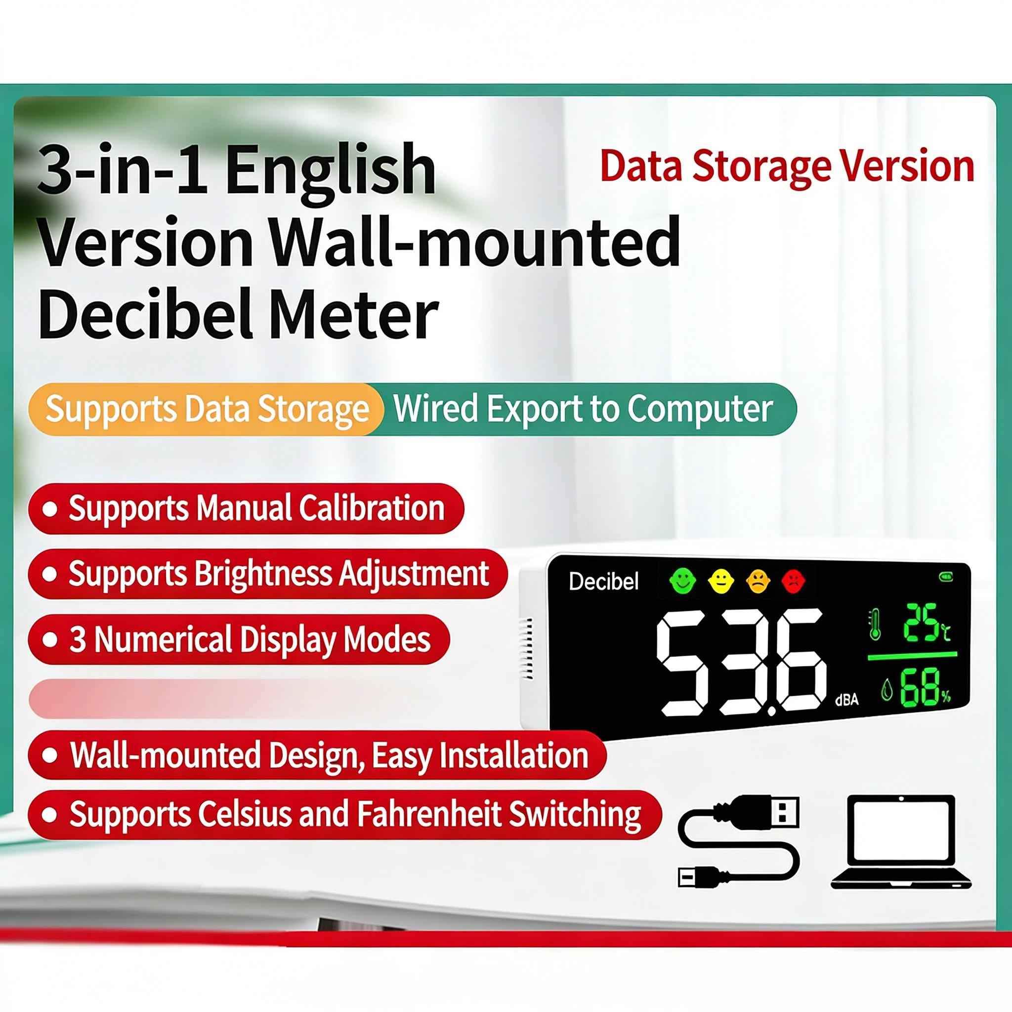 

3-in-1 Wall Mounted Decibel Meter,Data Storage&Export Function,Over-limit Alarm,Rechargeable Noise Tester with Humidity Display