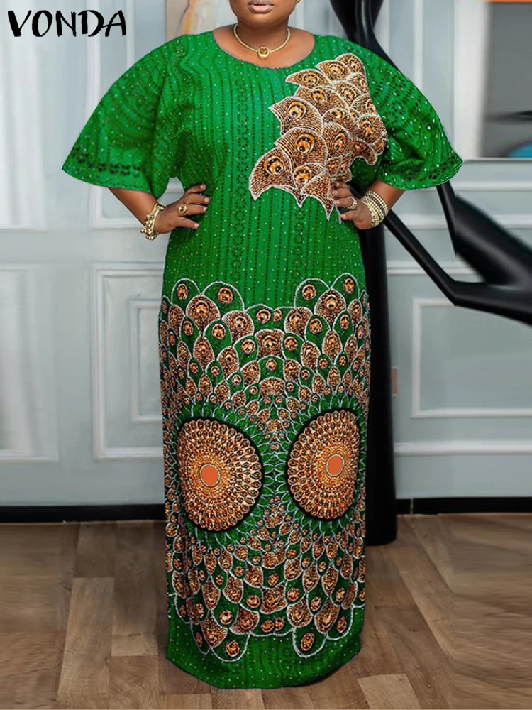 

Plus Size 5XL VONDA Women Party Maxi Dresses Bohemian Round Neck Flare Sleeve Floral Printed Patchwork Long Dress Holiday Robe