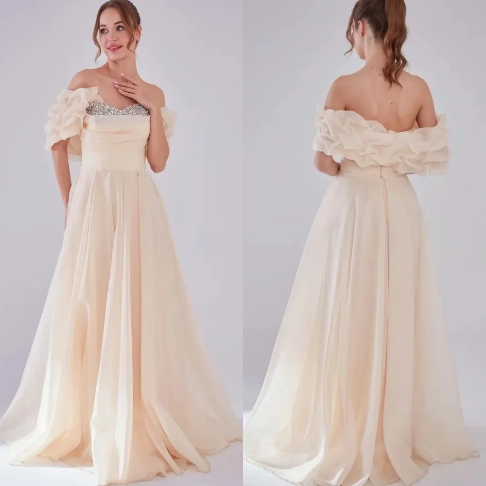 Op maat gemaakte formele avond van chiffon met lovertjes, A-lijn, off-the-shoulder, op maat gemaakte gelegenheidsjurk, lange jurken