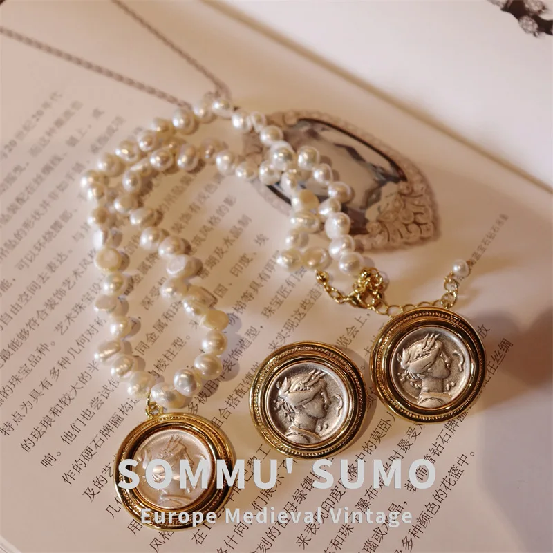 18k Baroque Pearl Earrings, Diamond Hercules Ancient Coin Necklace, Human Figure Antique Pendant Jewelry Set.skirt Coat Jewelry