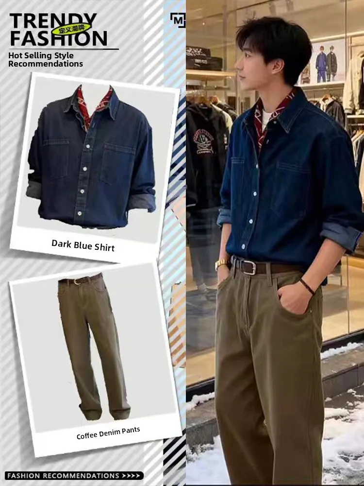 

Мужской джинсовый комплект Deep Blue American Retro Denim: стильный весенний образ с ощущением высокого класса, готовый комплект OOTD, модный мужской наряд