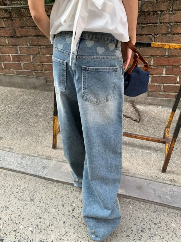 

East Gate Spring Autumn Versatile Retro Faded Heart Print Cuffed Wide Leg Denim Jeans Women's Hidden Button Casual Pants