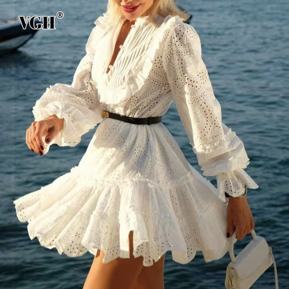 

VGH Hollow Out Patchwork Belt Elegant Dress For Women Stand Collar Lantern Sleeve High Waist Temperament Mini Dresses Female New