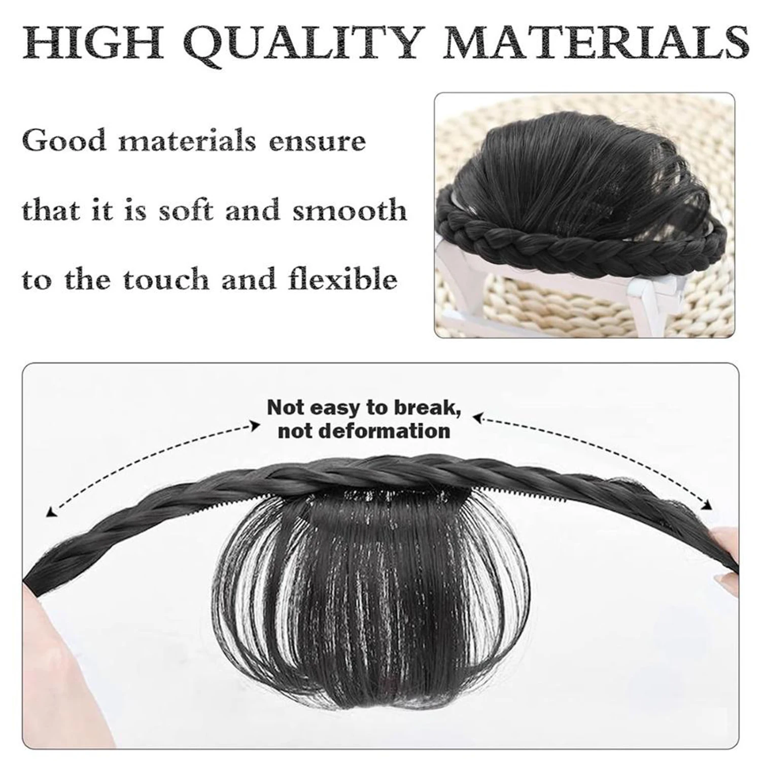 Grzywka z plecioną opaską do włosów, syntetyczne doczepy na klips, eleganckie do codziennego użytku.