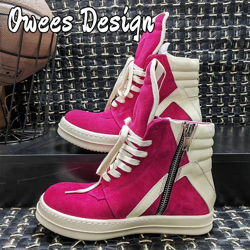 Owees Design Men Suede Sneakers High Top Shoes Leather Casual High Street Sneakers Rose Red Ankle Boots Fashion Couple Shoes