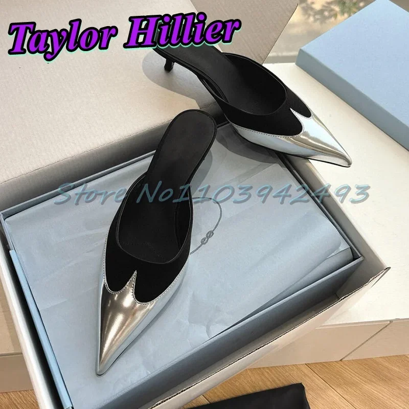 

Black Patchwork Heels Silver Heeled Sandals Women Designer Luxury Shoes Slip On Pull On Mules Stiletto Summer Sandalias De Mujer