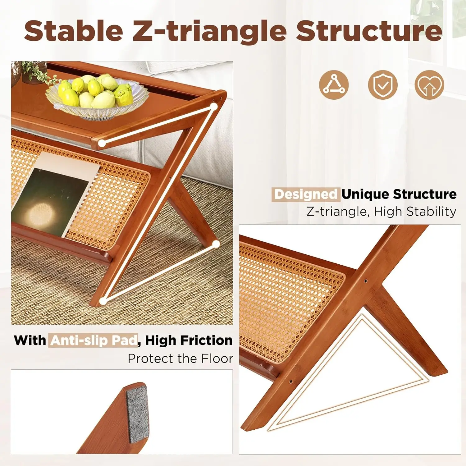 طاولة قهوة حديثة من منتصف القرن مقاس 47 بوصة مع سطح زجاجي، وطاولات بجانب السرير مصنوعة من الخيزران، وطاولة جانبية منضدة زجاجية وخشبية بوهو #3