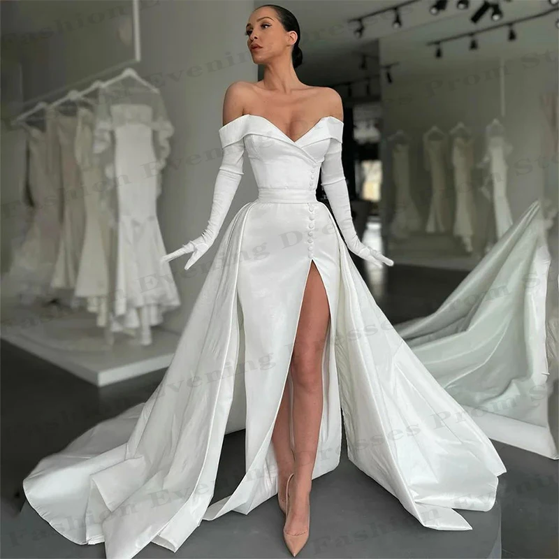 Elegante Off Shoulder Formele Avondjurken Sexy Rugloze Zeemeermin Lange Mouwen Hoge Split Mooie Satijnen Dweilen Nieuwe Prom-Jurk