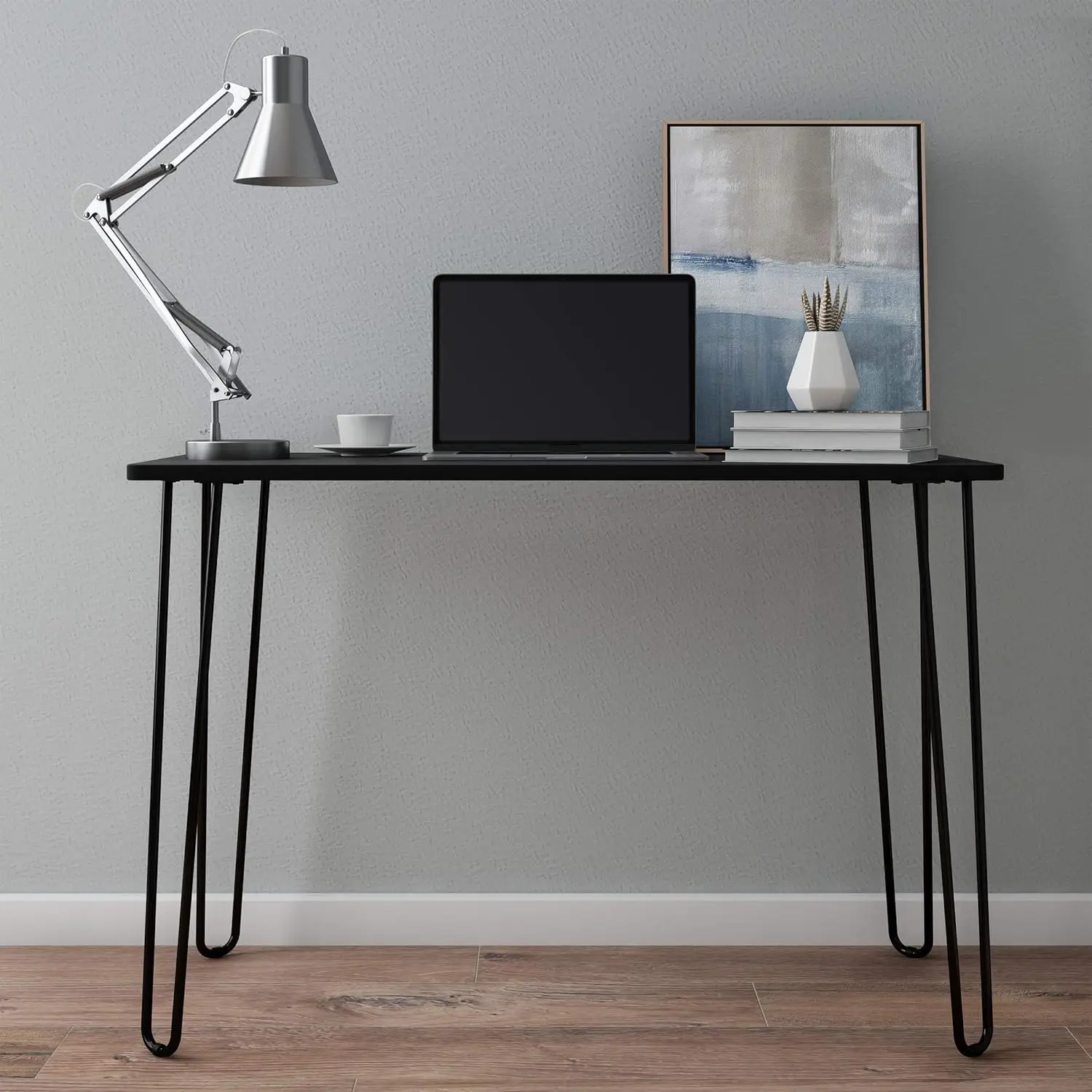 

Desk With Hairpin Legs - Modern Industrial Style Home Decor - Woodgrain-Look And Steel Accent Home Office Furniture (Black)