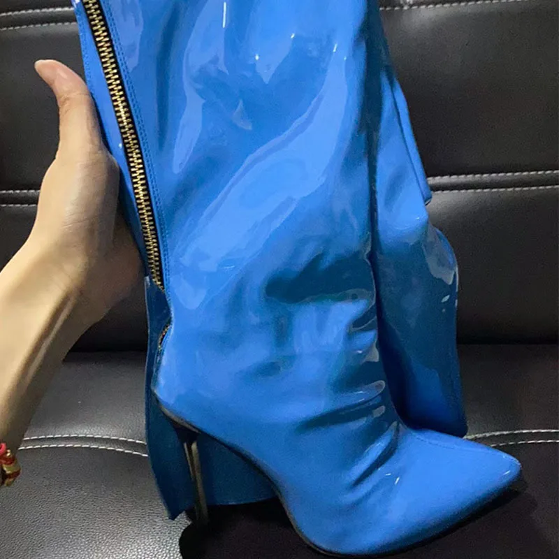 2024 Sexy 11 Cm High Heels Over The Knee Boots Patent Leather Wide Leg Boots Back Zip Stiletto Women\'s Club Shoes