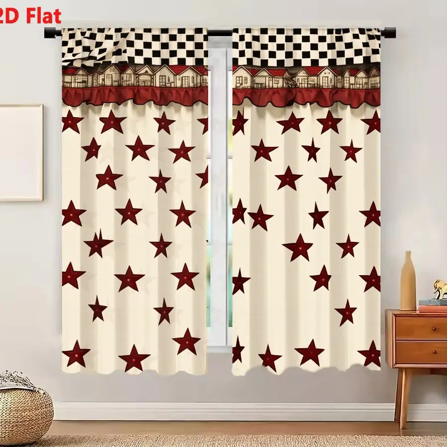 2Pcs Curtains Add 2D Flat Decorative Fabric Cream Background Dark Red Stars Maroon Ruffled Valance House Illustration Checkerboa