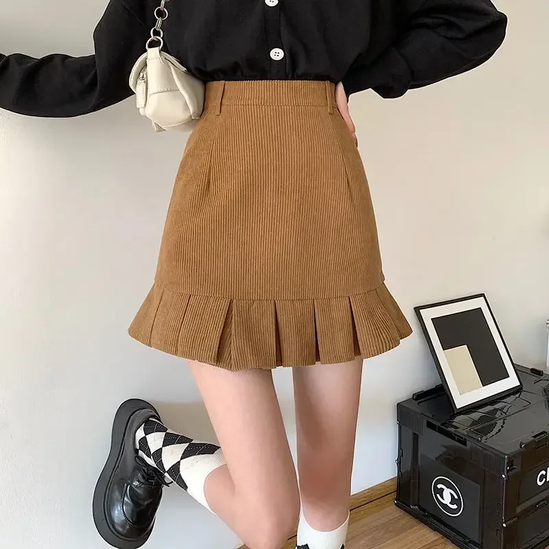 Corduroy Pleated Skirts Women Trendy Ruffles Autumn Vintage Mini Lovely Solid Streetwear Y2k Schoolgirl Korean Style High Waist