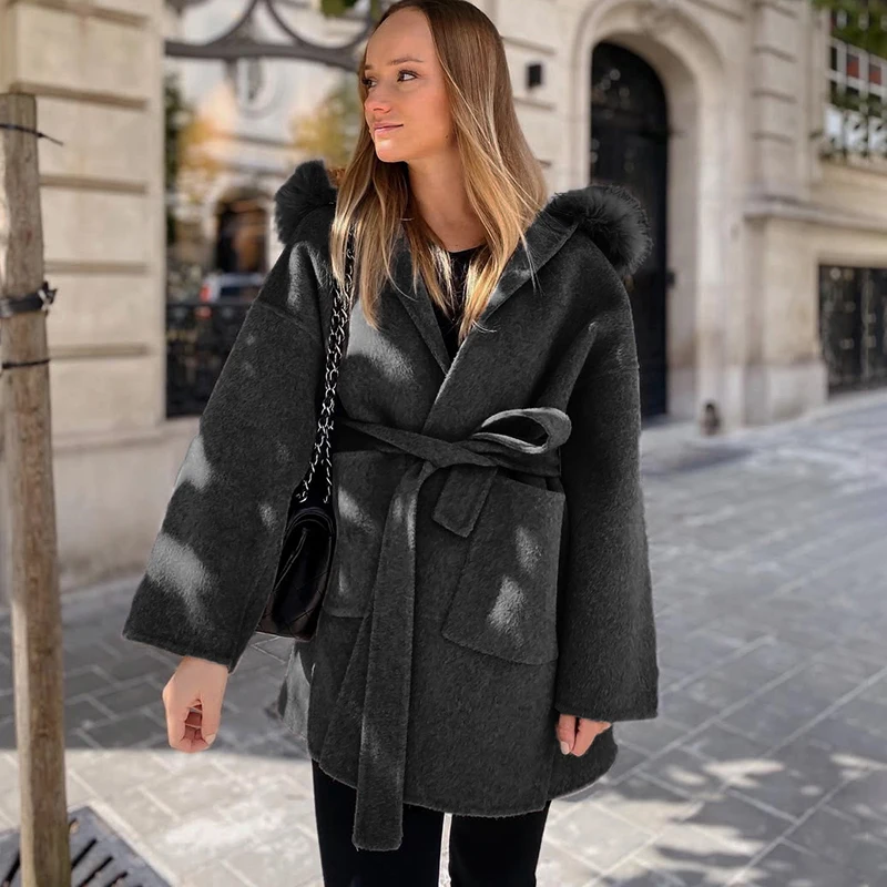 Tornova Luxury Fur Collar Double-sided Wool Coat Woman Mid-length Hooded Overcoat 2025 Autumn Winter New Female Furry Outwear