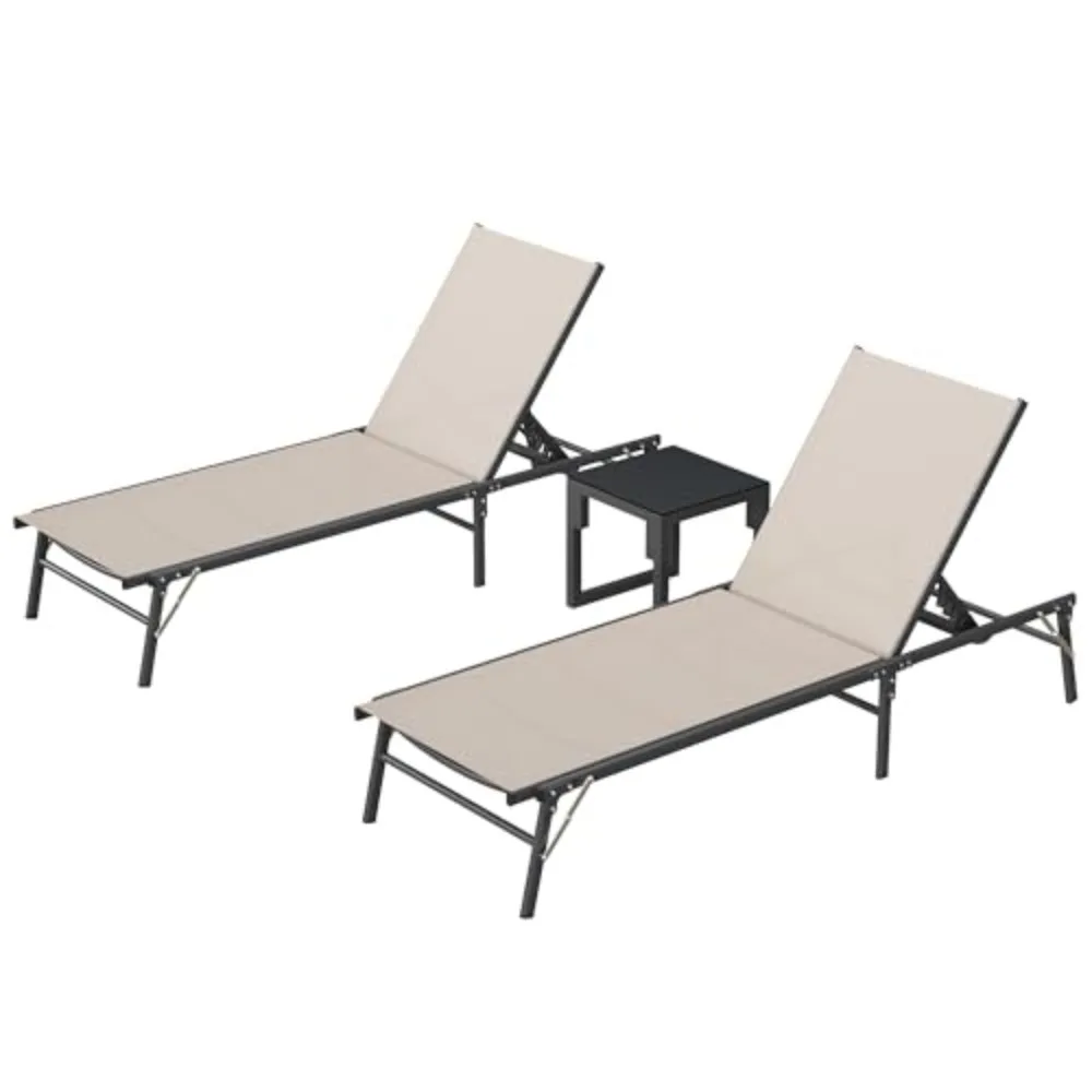 Foldable Patio Lounge Chair Sets with Side Table, No Assembly Outdoor Chaise Lounge with 5-Positions, Poolside Lounge