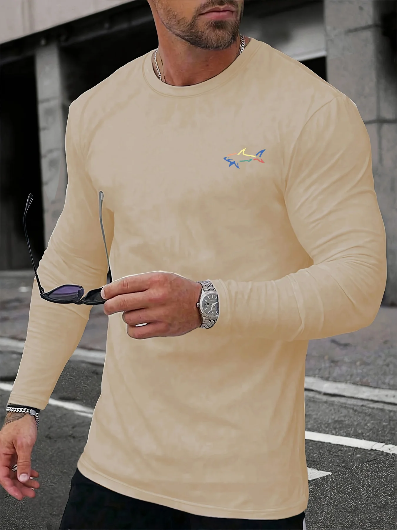 Männer Frühling Und Herbst Bequeme Casual Shark Muster Gedruckt Rundhals Langarm Mode Trend männer Kleidung Männlich Top