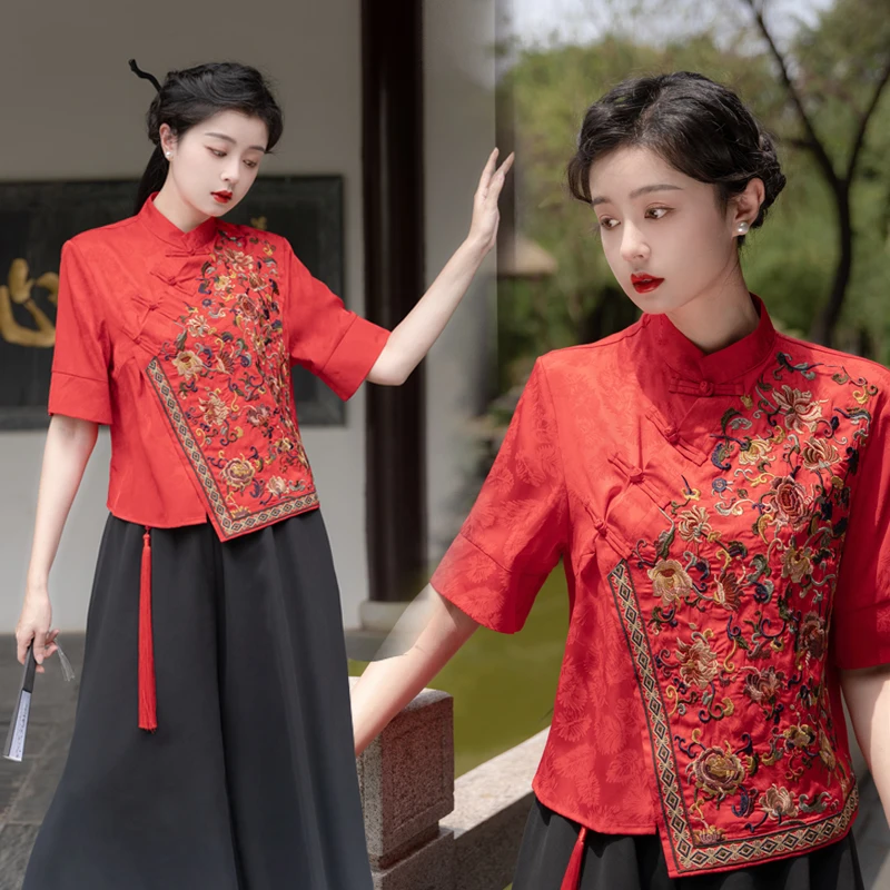 New Chinese Style National Ethnic Embroidered Satin Heavy Stitching Loose Sleeveless Shirt Women's Seven Sleeve Button down O...