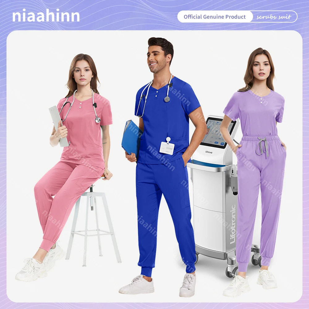 Niaahinn Multicolour Jogger Suits Doctor Nursing Uniform Short Sleeve Tops Pocket Pants Nurse Scrub Set Medical Clinical Clothes