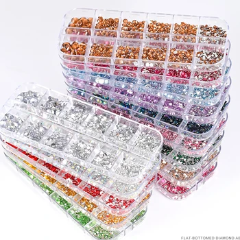 12Grids SS6-SS30 Mixed Nail Rhinestones Shiny Clear/Gold/Pink/Blue Diamond Flat-back Nail…