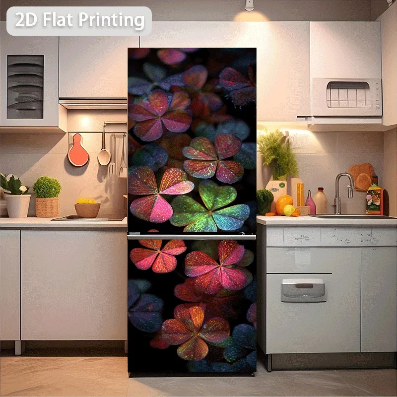 2D Flat Printing No 3D 1pc Refrigerator Sticker Colorful Four-Leaf Clover Cluster Themed Scene Wall Decal Self-Adhesive Wallpa