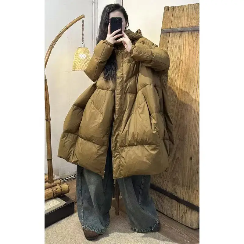 سترة باركر بقلنسوة عصرية للنساء فضفاضة كبيرة الحجم وجيوب دافئة وسميكة معطف منتفخ للسيدات ملابس خارجية طويلة من الريش #3