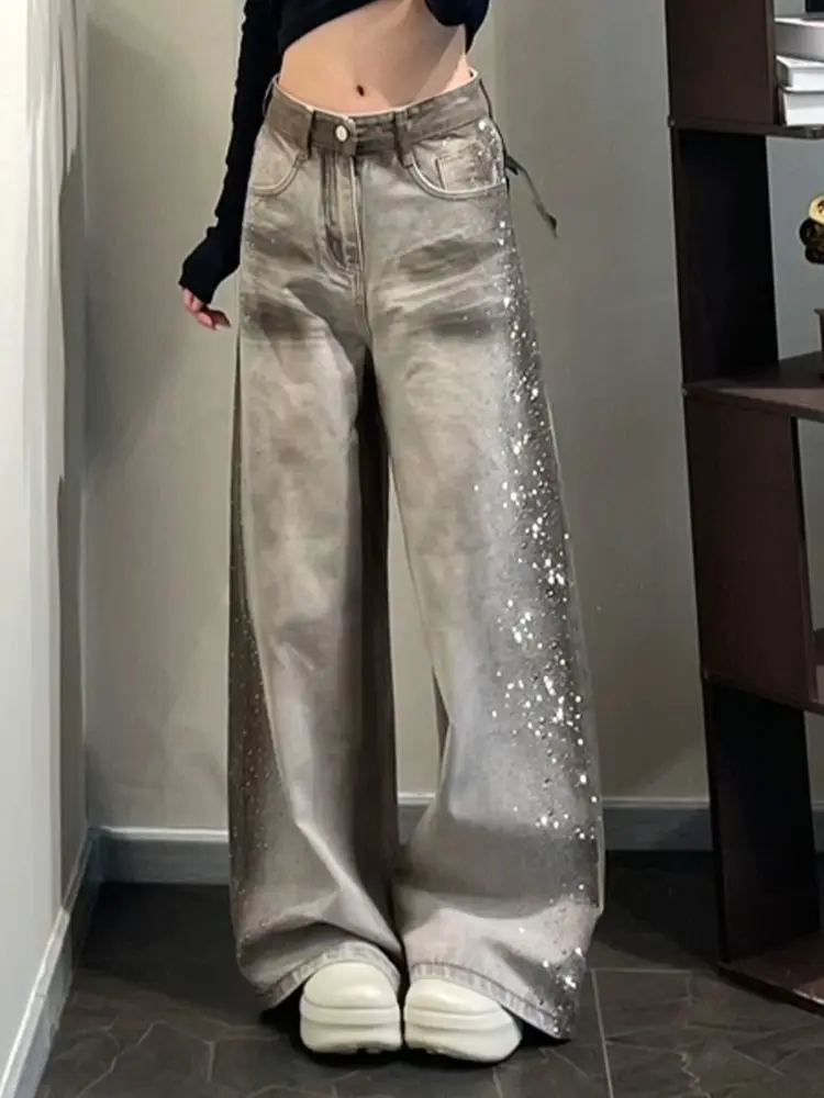 Women's Plus Size Vintage Distressed Dirty‑Dye Jeans Y2K Hot Girl Side Rhinestone Trousers Streetwear Casual Denim Pants