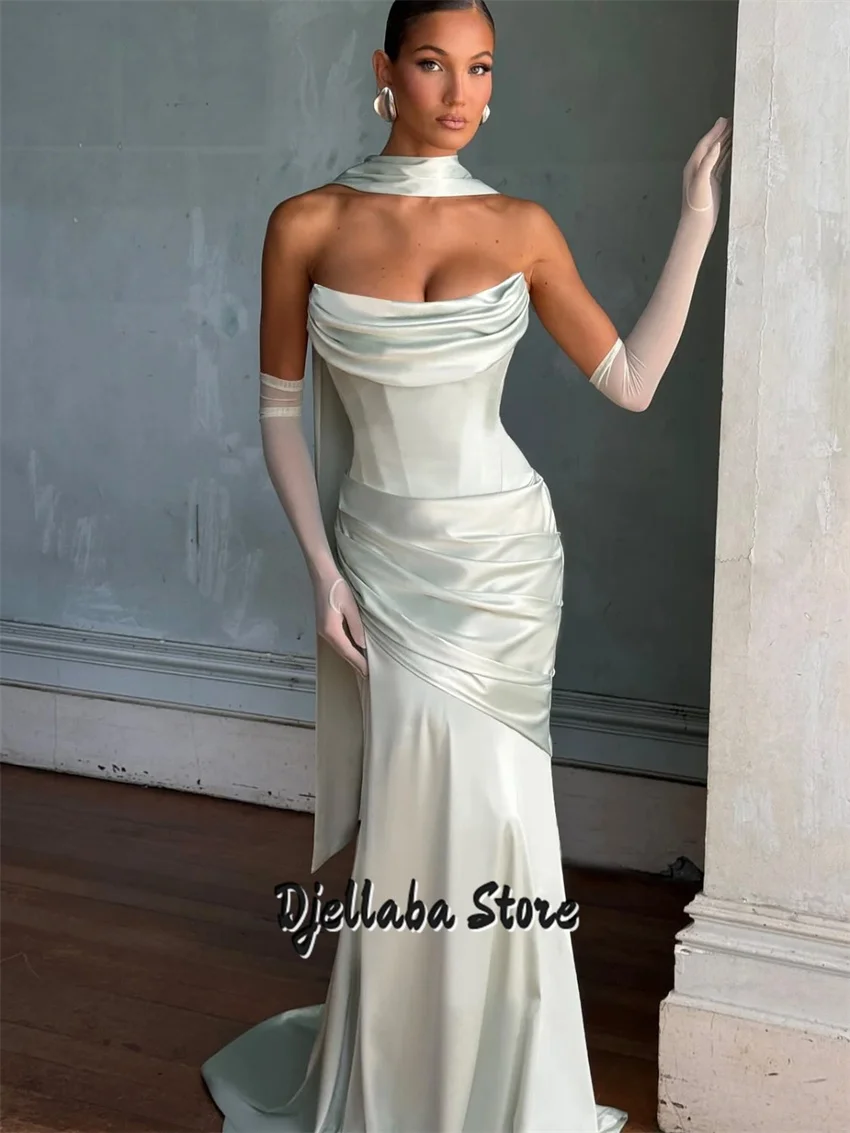 

Simple Pleat Stapless Satin Sheath Wedding Dressed Wiht Long Scaf Custom Made Bridal Grown 2026 Vestido De Noival