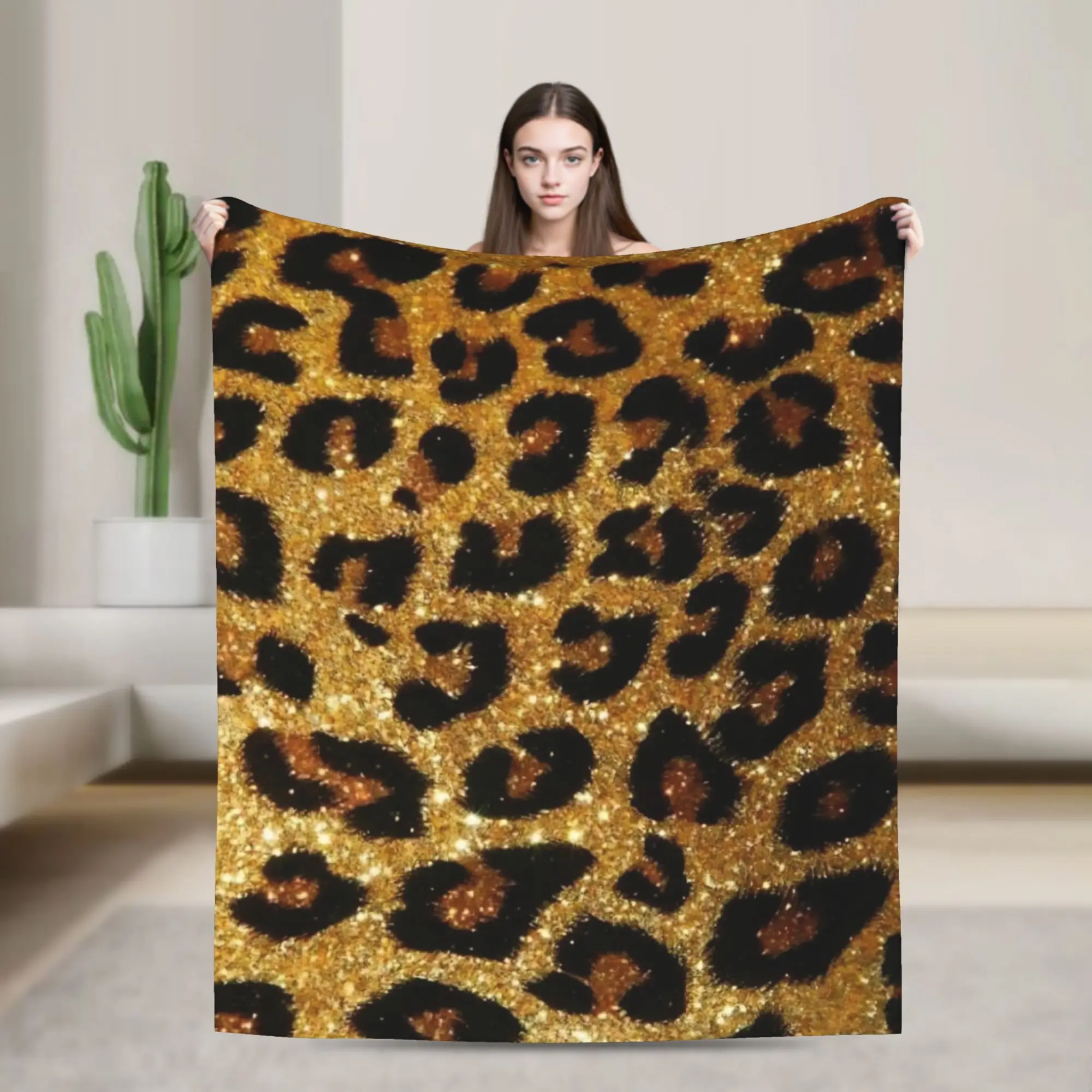 Leopard Knitted Blanket Fleece Faux Fur Warm Throw Blankets for Airplane Travel Bedroom Quilt