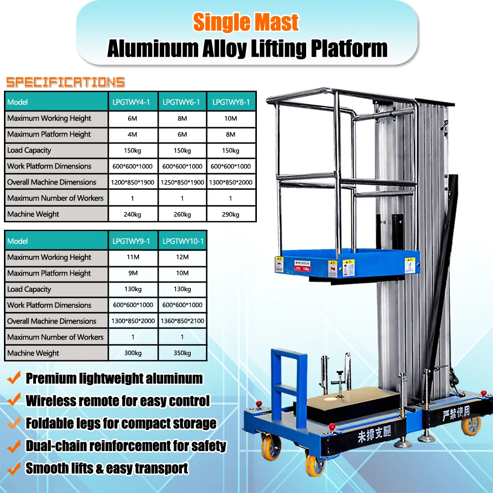 Multifunction Electric Vertical Mast Aluminum Alloy Elevating Platform Man Lift Table Hydraulic Single Mast Lift Platform