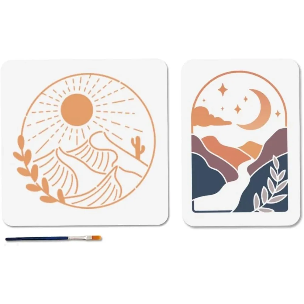 2 Styles Boho Moon Sun Stencils Valley Moon Night Sunrise Template 11.7x8.3/11.8x11.8inch Reusable Mountain Stencil with Paint